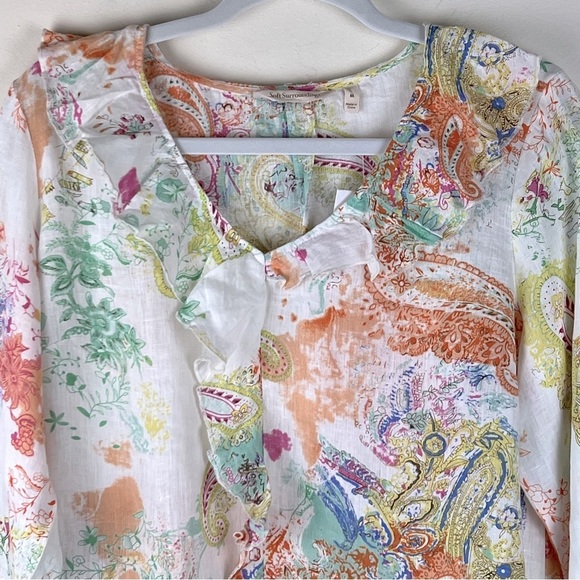 Soft Surroundings | Feminine Cottagecore  Linen Watercolor Ruffle Blouse | M - Picture 4 of 12